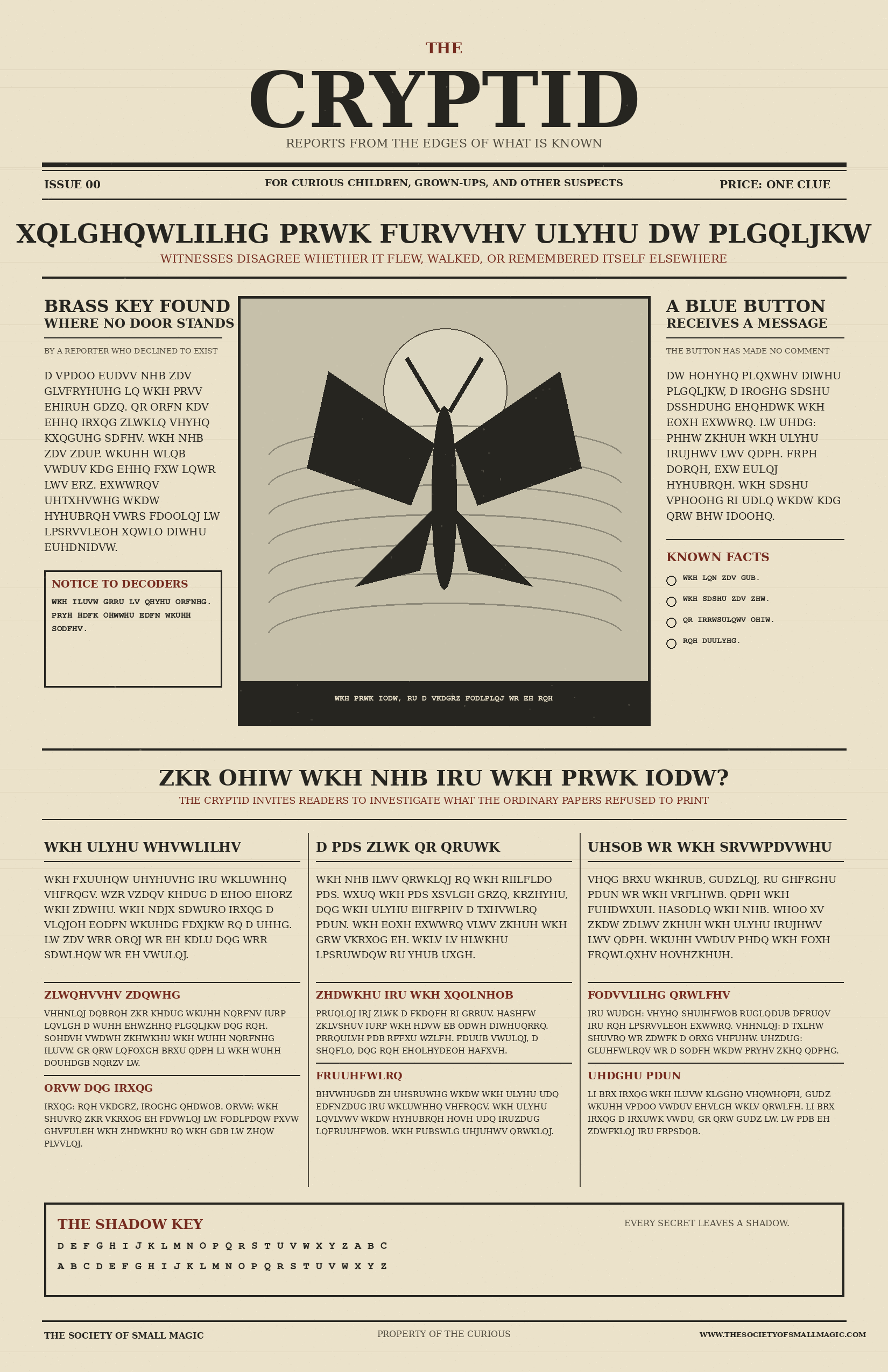 The Cryptid newspaper cover, filled with coded headlines and a mysterious winged figure