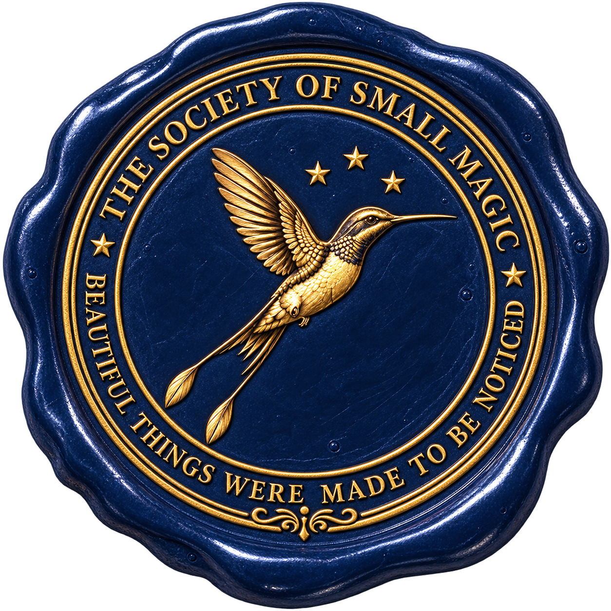 The Society of Small Magic navy-and-gold wax seal