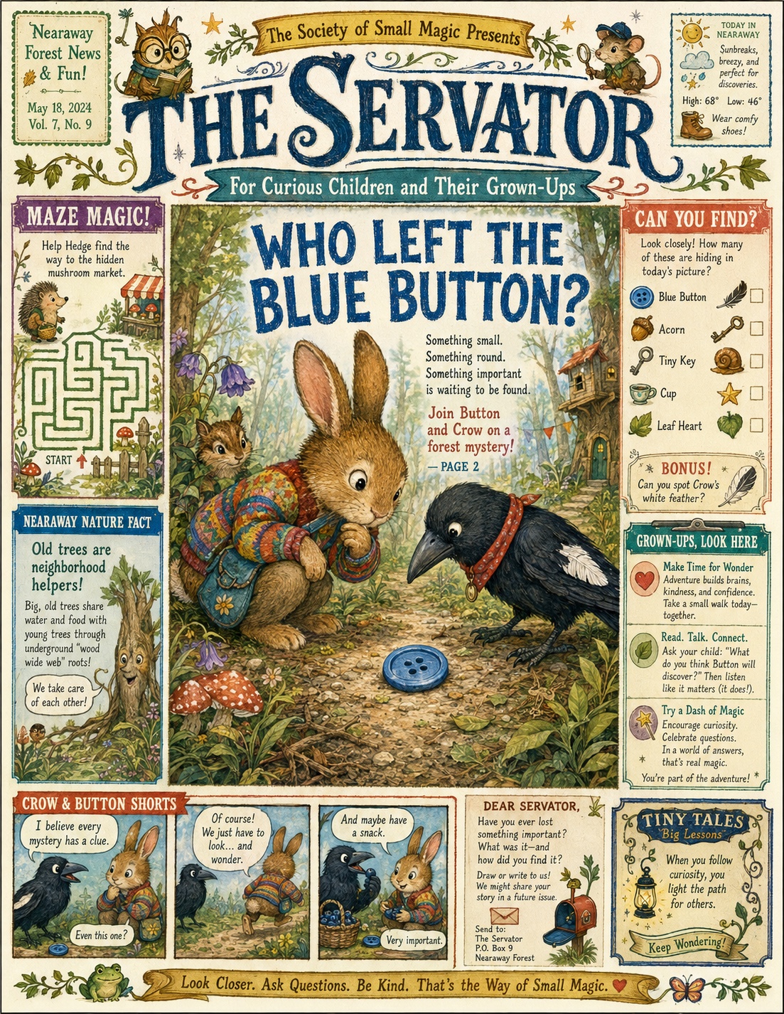 The Servator cover, featuring Button the rabbit and Crow investigating a blue button in Nearaway Forest